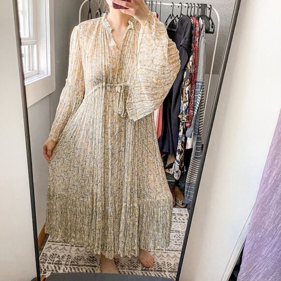 Ne Quittez Pas Chiffon Yellow Midi Dress Sheer Long Sleeve S - Picture 5 of 10